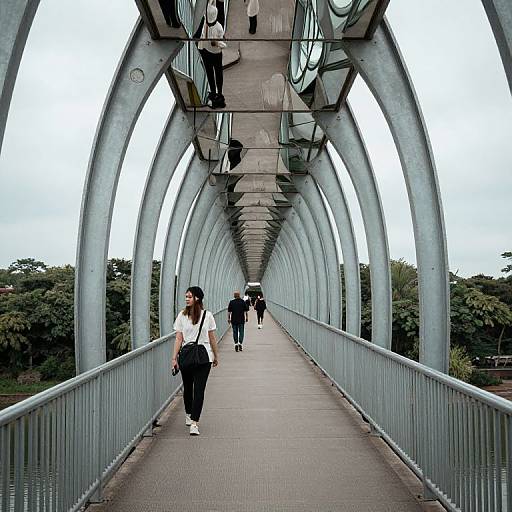 Photograph of a metal pedestrian bridge with curved arches, three people walking; central woman in white shirt and black pants, two others in dark clothes
