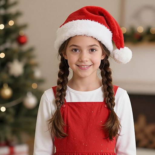 Photograph of a young girl with brown braided hair, wearing a Santa hat and red dress over a white shirt, smiling in front of a Christmas