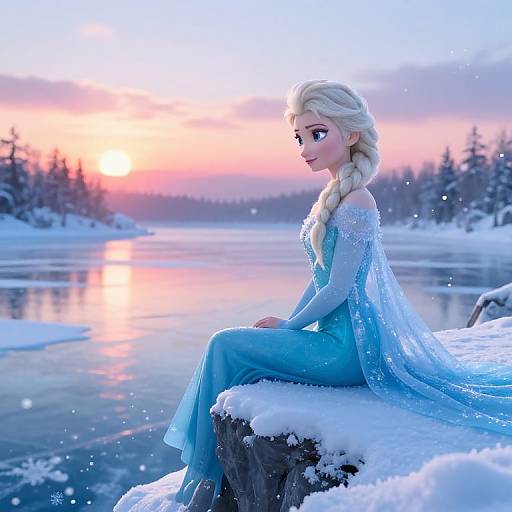 Digital art of Elsa from Frozen, sitting on a snow-covered rock by a frozen lake at sunset, wearing an ice-blue gown, with snowflakes