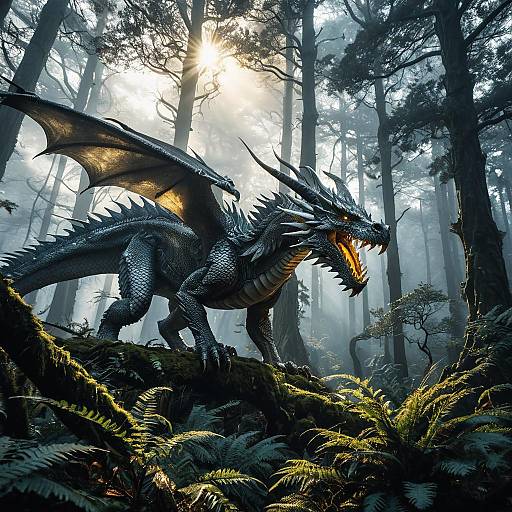 Majestic Silver Dragon in Misty Ancient Forest