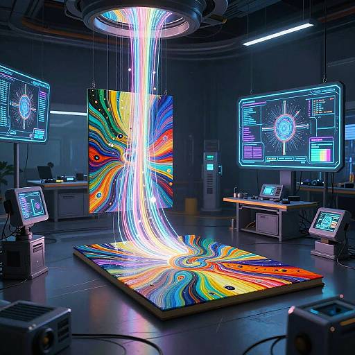 Neon-lit digital art studio: Vibrant, swirling abstract paintings illuminated by glowing, white light trails from above. Monitors display digital interfaces around