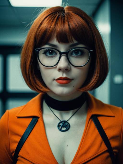 Woman in Velma Halloween Costume