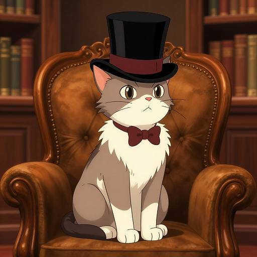 Digital illustration of a gray and white cat with a red bowtie and black top hat, sitting on a brown leather armchair in a library.