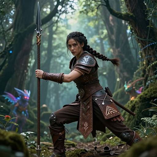 Digital fantasy artwork of a fierce, dark-haired warrior woman in leather armor, wielding a spear, in a lush, enchanted forest.