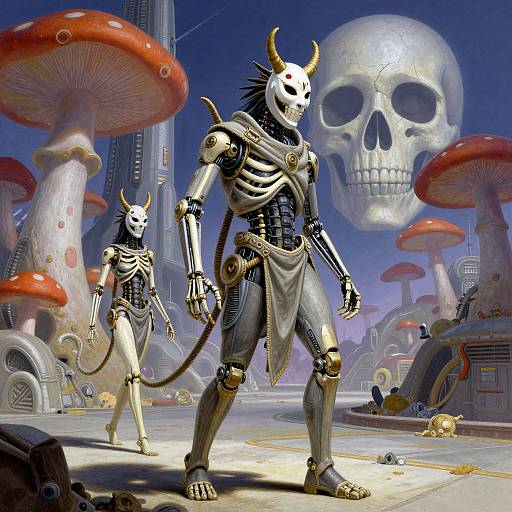 Digital artwork: Two skeletal, horned, robotic warriors with white masks and metallic armor stand in a futuristic, mushroom-filled cityscape with a giant skull