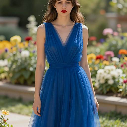 Young Woman in Royal Blue Tulle Dress in Garden