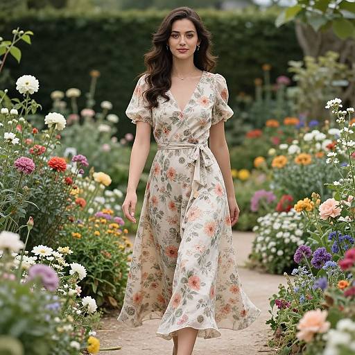 Photograph of a brunette woman in a floral dress, walking through a vibrant garden path with colorful flowers on both sides.