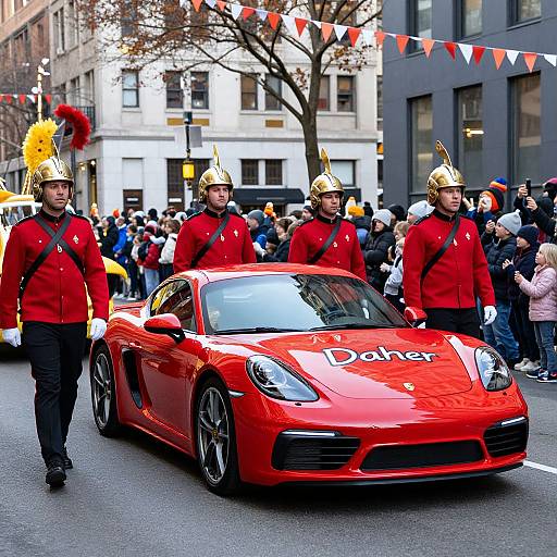 Photograph of three British guards in red uniforms and gold helmets marching beside a bright red Aston Martin 
