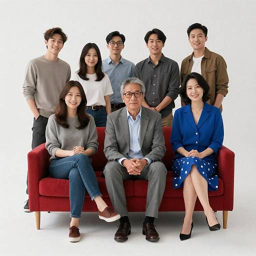 Casual and Formal Group on Red Couch