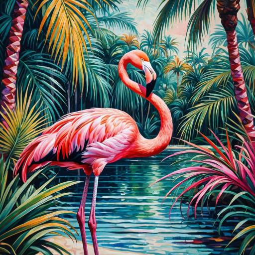 Fauvist Flamingo in Tropical Lagoon Painting