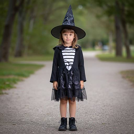 Photograph of a young girl in a witch costume with black hat, cape, striped dress, black tulle skirt, and boots, standing on a