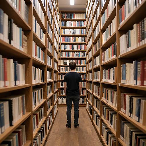 Photograph of a man in a black t-shirt and jeans, standing in a narrow library aisle with wooden shelves filled with colorful books, looking towards the