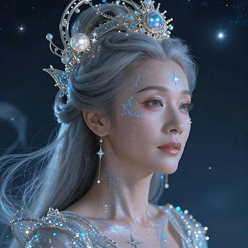 Digital art of a ethereal, blue-haired woman with a starry crown, glowing face, and intricate jewelry, set against a starry night background