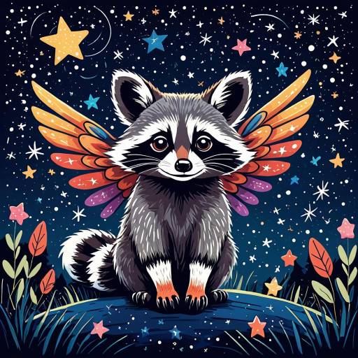 Cute Winged Raccoon Under Starry Night