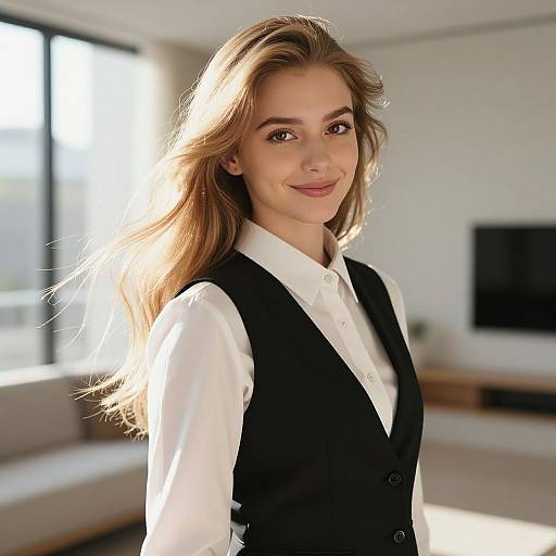 Photograph of a smiling young woman with long, wavy blonde hair, wearing a white shirt and black vest, in a sunlit, modern living