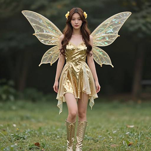 Photograph of a young Asian woman with long brown hair, wearing a gold, strapless, shimmering dress and iridescent fairy wings, standing
