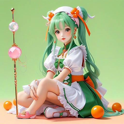 Digital anime-style artwork of a green-haired girl in a white and green maid outfit, sitting with crossed legs, holding an ornate staff, surrounded by