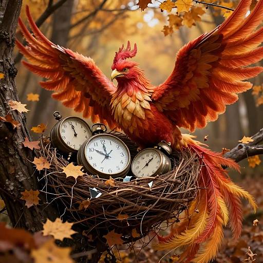 Digital artwork of a vibrant red and orange phoenix with outstretched wings, sitting in a nest with three vintage clocks, surrounded by autumn leaves in a