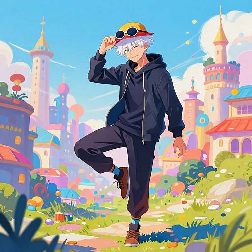 Anime-style drawing of a white-haired boy in a black hoodie and pants, wearing sunglasses on a colorful, whimsical castle town path.