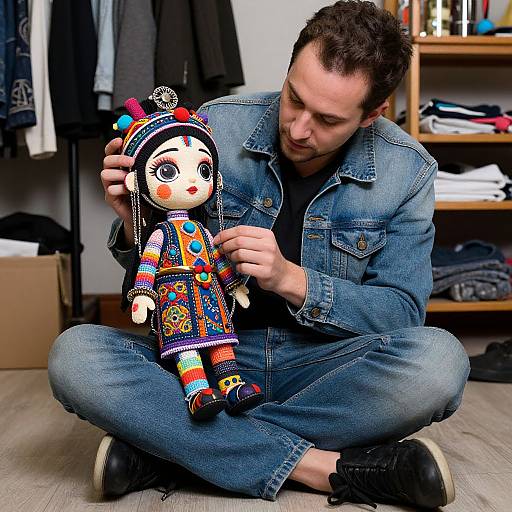 Photograph of a man with short dark hair, wearing a denim jacket and jeans, sitting cross-legged, inspecting a colorful, doll-like toy with