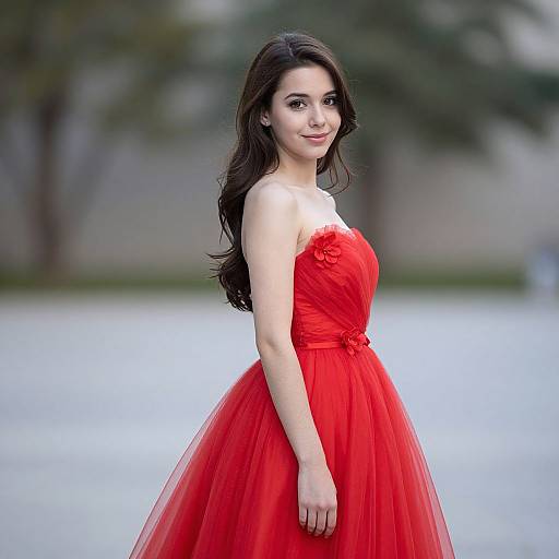 Photograph of a young woman with long, dark hair, wearing a vibrant red, strapless, tulle ball gown, standing outdoors with a blurred
