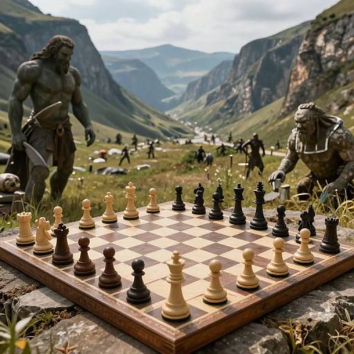 Photograph of a chessboard with black and white pieces on a rocky mountain ledge, surrounded by stone statues and medieval warriors in a valley landscape under a
