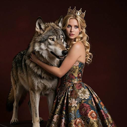 Photograph of a blonde woman in a floral, strapless gown and gold crown, hugging a large, gray wolf against a dark brown background.