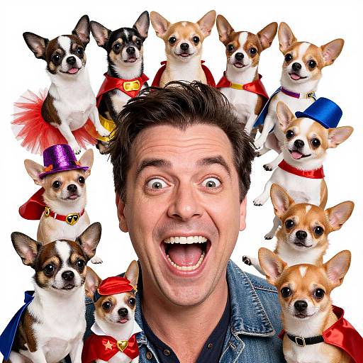 Photograph of a surprised man with dark hair, wearing a denim shirt, surrounded by ten dressed Chihuahuas in various costumes.