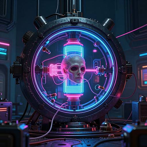 Neon-lit cybernetic device encases a human skull, illuminated with blue and pink lights, in a futuristic, dark-tech lab.