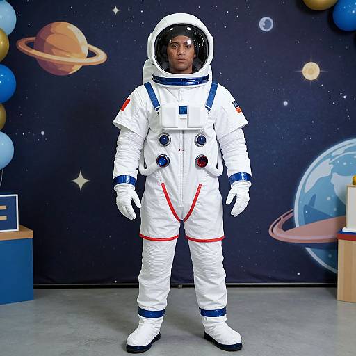 Photograph of a young man in a white astronaut suit with red trim, standing in front of a space-themed backdrop. Background includes planets, stars,