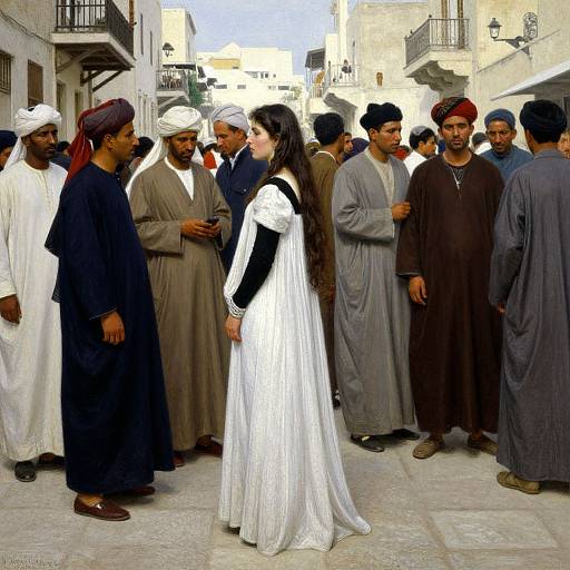 Photograph of a woman in a white, long-sleeved dress standing in a narrow, sunlit Middle Eastern street, surrounded by men in traditional