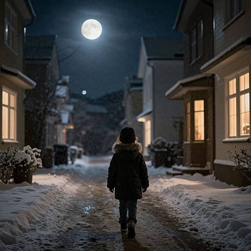 Photograph of a child in a winter coat with fur hood, walking down a snow-covered, moonlit street flanked by illuminated houses.
