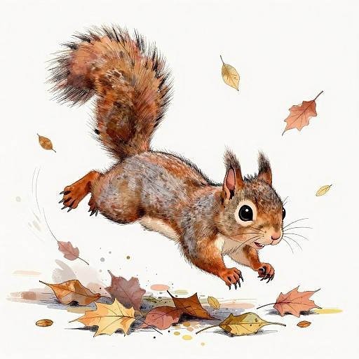 Whimsical Squirrel Diving into Leaves