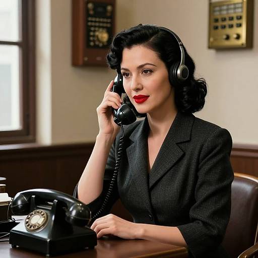 Photograph of a 1950s-style woman with dark curly hair, red lipstick, black blazer, and headphones, using a black rotary phone