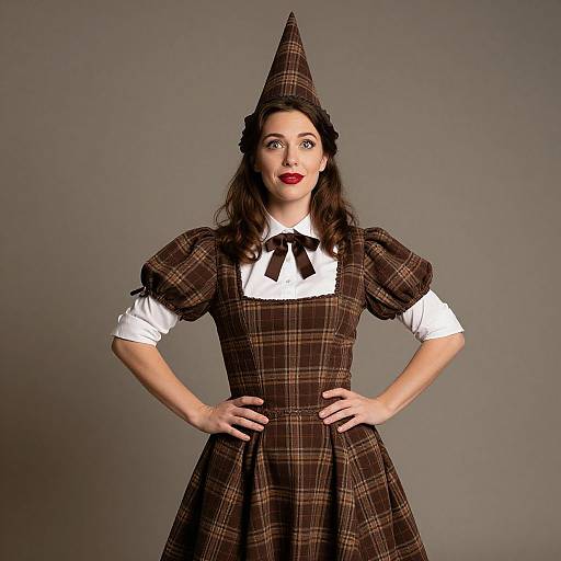 Photograph of a fair-skinned woman with dark hair, wearing a brown plaid witch outfit, white blouse, black ribbon, and pointed hat,