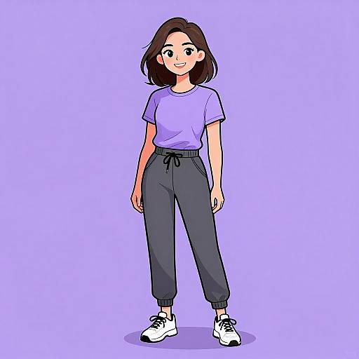 Digital anime-style illustration of a young woman with medium-length brown hair, wearing a purple t-shirt, black pants, and white sneakers, standing against a