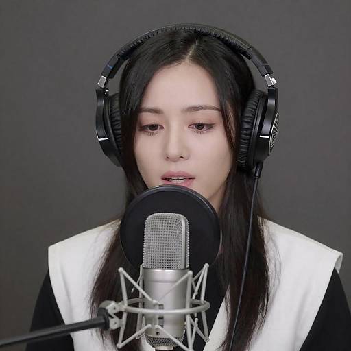 Focused Woman with Headphones and Microphone