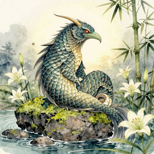 Digital artwork of a blue-scaled, red-eyed dragon with horns, sitting on a mossy rock surrounded by white lilies and bamboo, in a