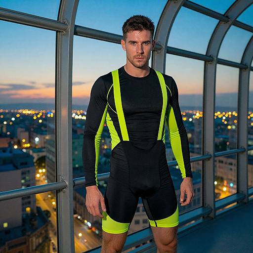 Photograph of muscular man with short dark hair, wearing black and neon yellow long-sleeve bodysuit, standing on rooftop at sunset. City