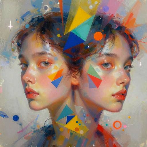 Digital painting of a double-faced young girl with fair skin, brown hair, and red lips, surrounded by colorful geometric shapes and splatters.