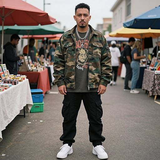 Man in Camo at Vibrant Market
