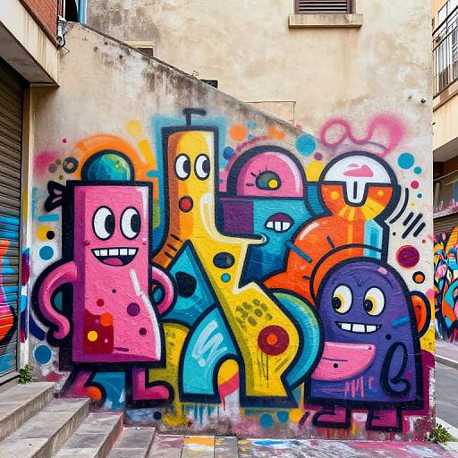 Vibrant graffiti mural of colorful, cartoonish letters with smiley faces and arms, splattered with paint, on a urban alley wall.