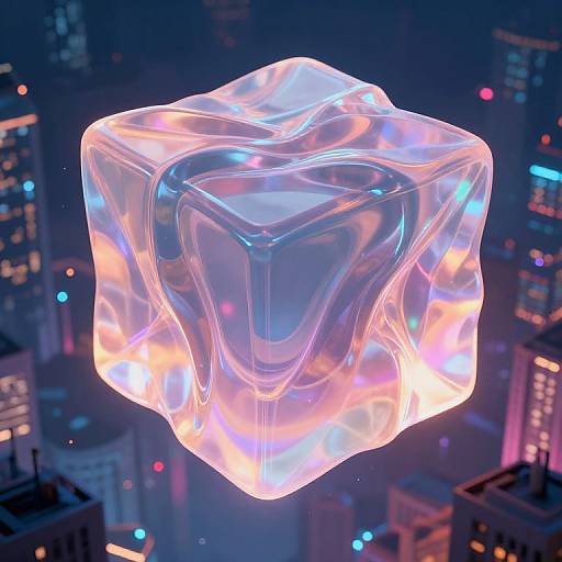 Glowing, transparent, crystal-like cube floating above a neon-lit, futuristic cityscape with colorful, blurred skyscrapers in the background.