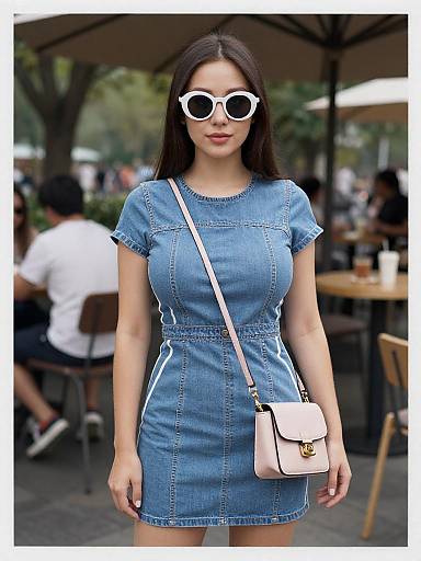 Photograph of a young woman with long brown hair, wearing white circular sunglasses, blue denim dress, and pink crossbody bag, standing outdoors at a