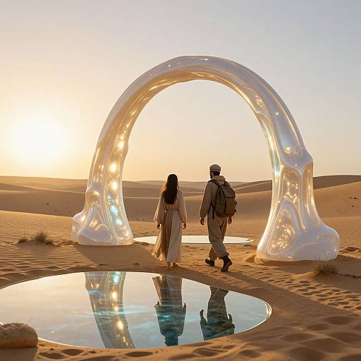 Photograph of a sunlit desert with a translucent, glowing arch over a reflective pool, two silhouetted figures walking beneath.