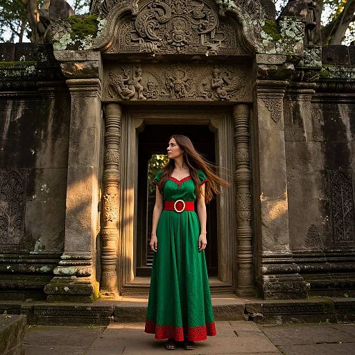 Photograph of a long-haired woman in a green dress with red trim and red belt, standing in front of an ornate, ancient stone temple doorway