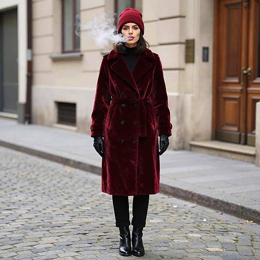 Chic Woman in Red Velvet Coat