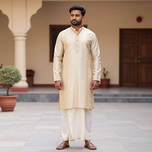Photograph of a bearded South Asian man in a gold embroidered traditional kurta and white pants, standing confidently in a courtyard with arched columns and