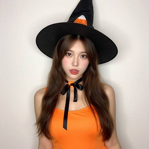 Photograph of an Asian woman with long brown hair, wearing an orange strapless dress, black witch hat, and black ribbon choker, against a