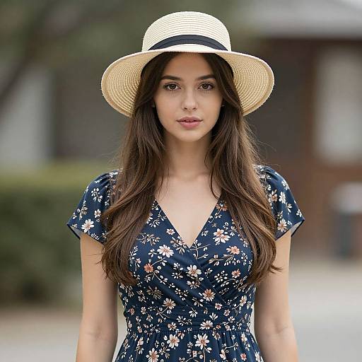 Photograph of a young woman with long brown hair, wearing a white straw hat and navy floral dress, standing outdoors.